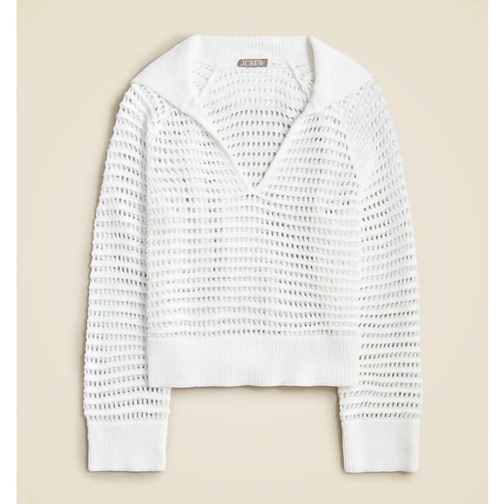 J Crew White Crochet Sailor Collared Sweater Open Knit Medium Classic EUC